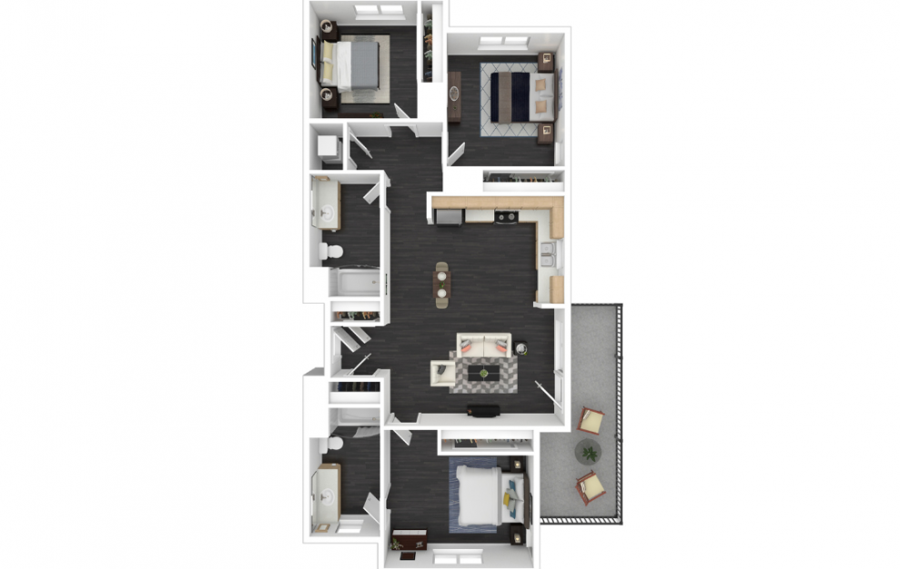 Sunflower - 3 bedroom floorplan layout with 2 baths and 1251 square feet. (3D)