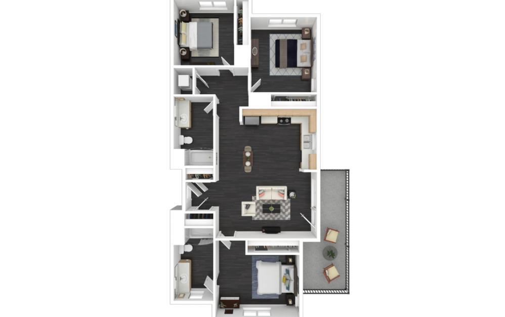 Sunflower - 3 bedroom floorplan layout with 2 bathrooms and 1251 square feet (3D)