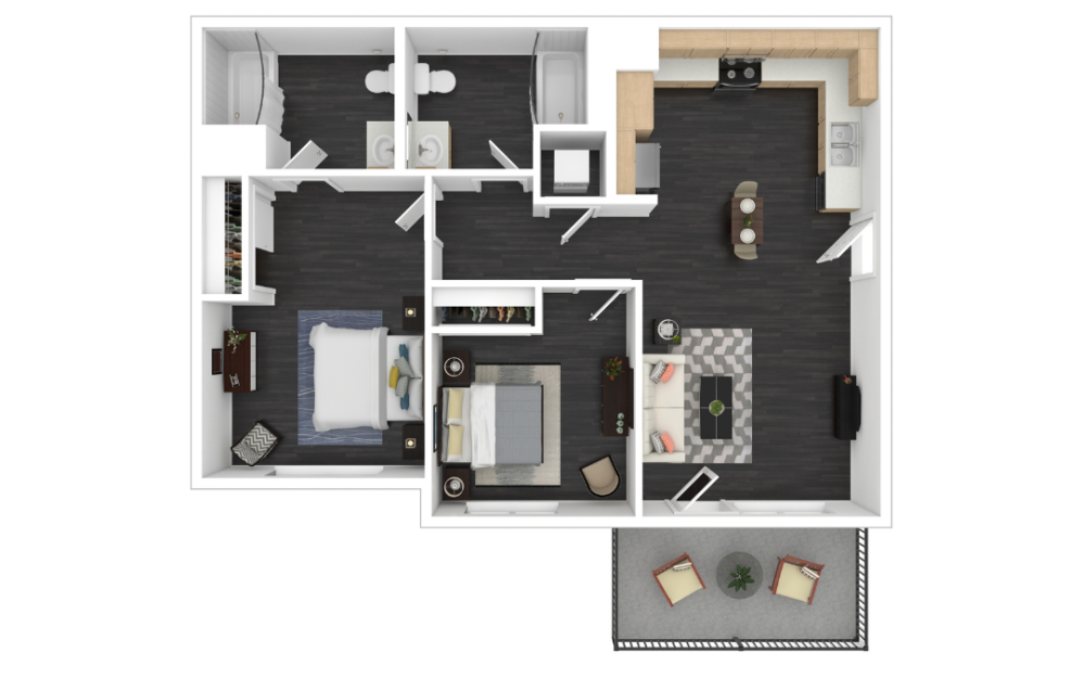 Lily - 2 bedroom floorplan layout with 2 bathrooms and 922 square feet (3D)