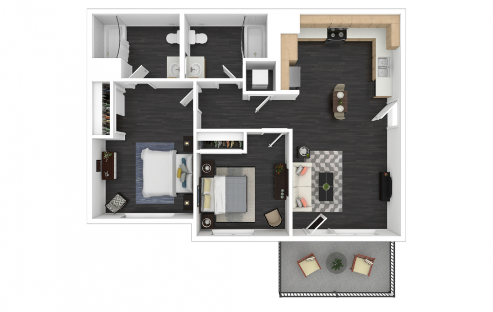 Lily - 2 bedroom floorplan layout with 2 baths and 922 square feet. (3D)