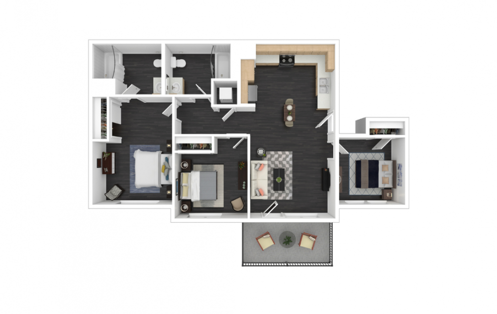 Iris - 3 bedroom floorplan layout with 2 baths and 1043 square feet. (3D)