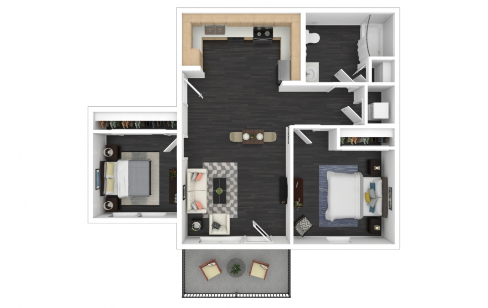 Poppy - 2 bedroom floorplan layout with 1 bath and 801 square feet. (3D)