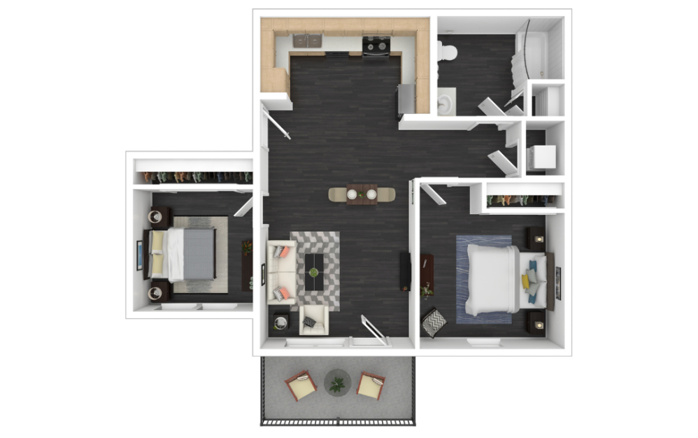 Primrose - 2 bedroom floorplan layout with 1 bathroom and 812 square feet (3D)