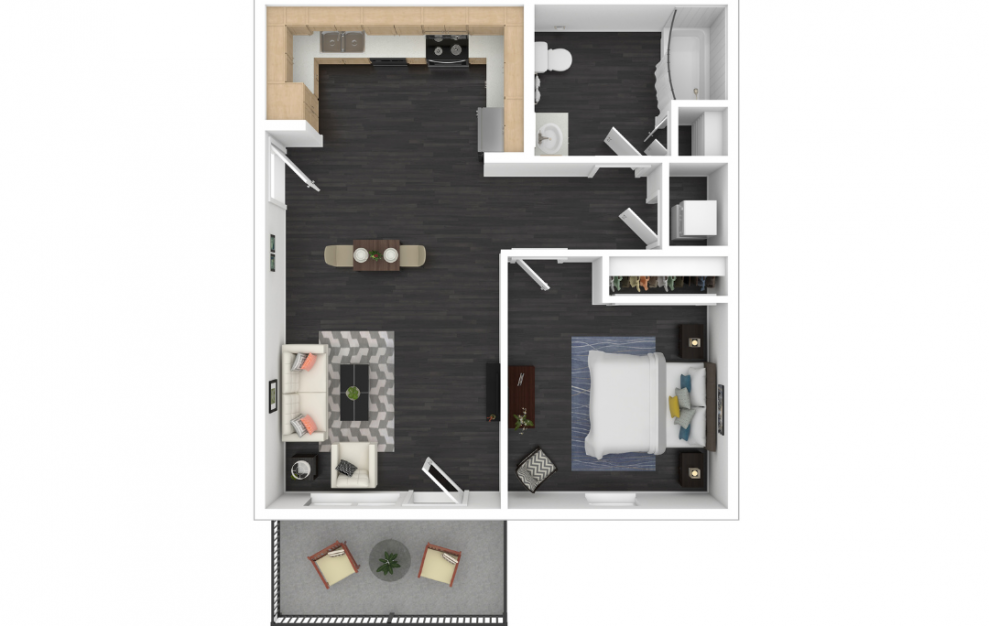 Buttercup - 1 bedroom floorplan layout with 1 bath and 756 square feet. (3D)